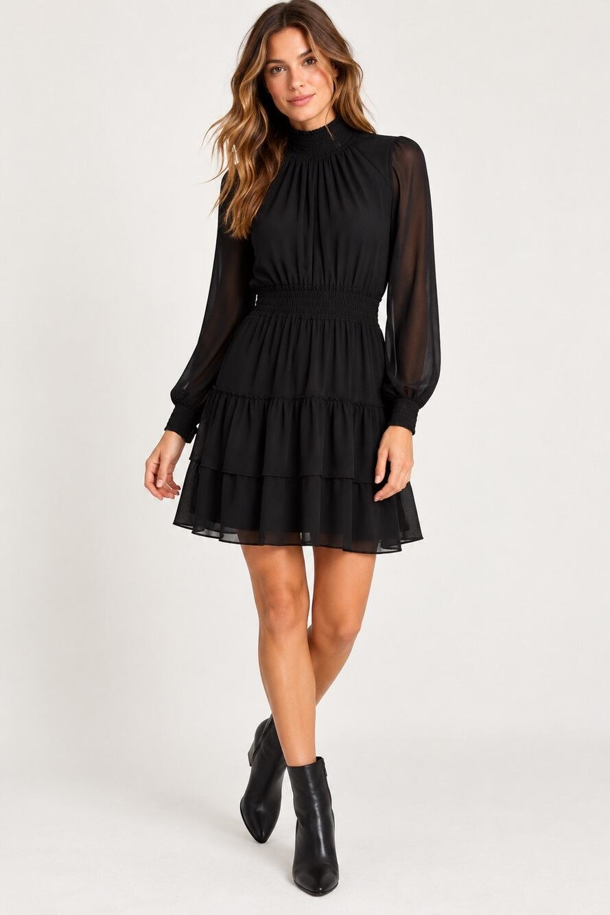 Rebecca Minkoff Zaykee Smocked Ruffled Long Sleeve Dress Black – Size XS
